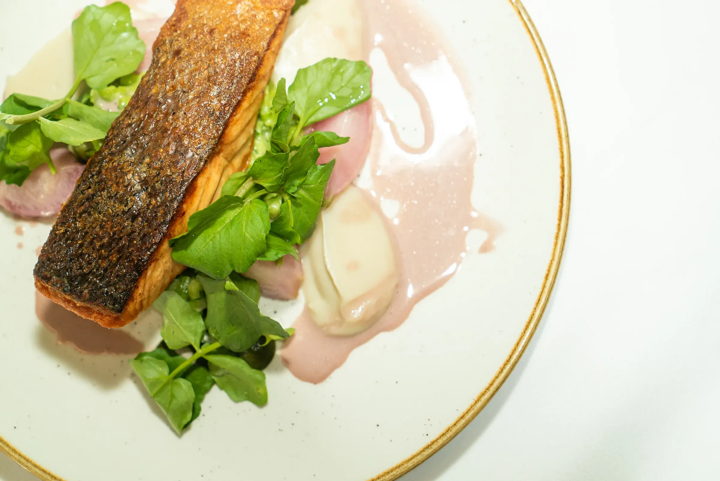Crisp-skinned salmon plated with greens and a pink sauce.