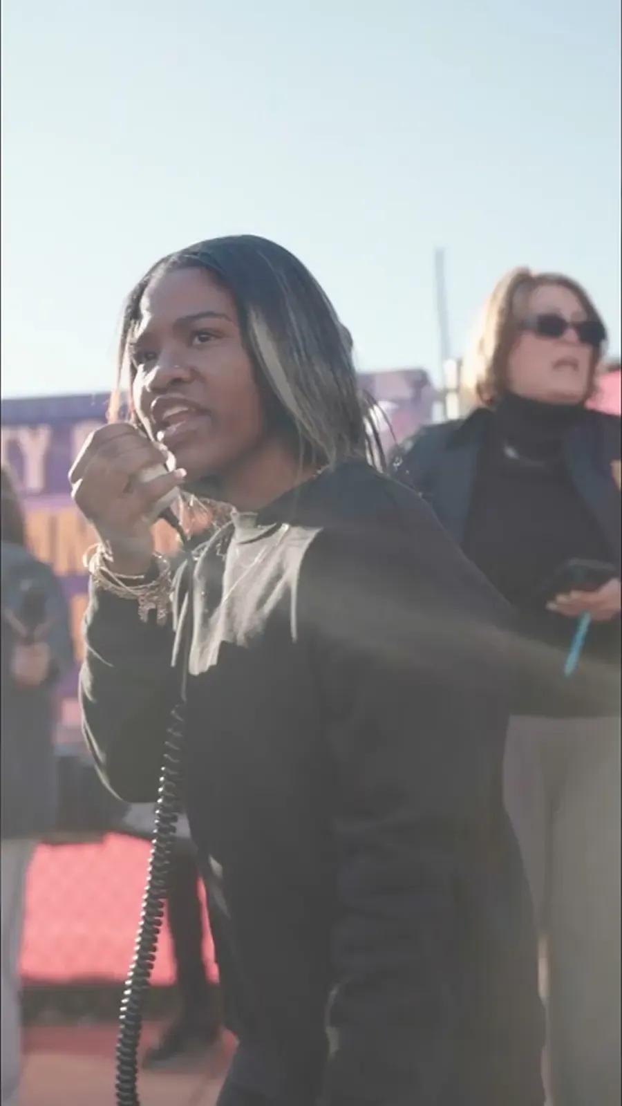 A security worker addresses a Philadelphia rally during contract negotiations.